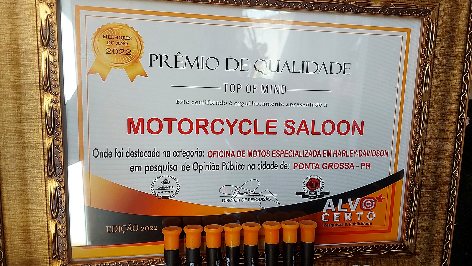 Certificado Prêmio de Qualidade Top of Mind 2022 concedido à Motorcycle Saloon